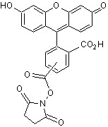 Chemical Structure - 5(6)-Carboxyfluorescein, NHS ester (AB275365), expandable thumbnail