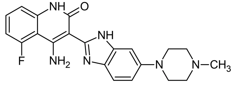 Chemical Structure - Dovitinib, class III-V receptor tyrosine kinase inhibitor (AB216312)