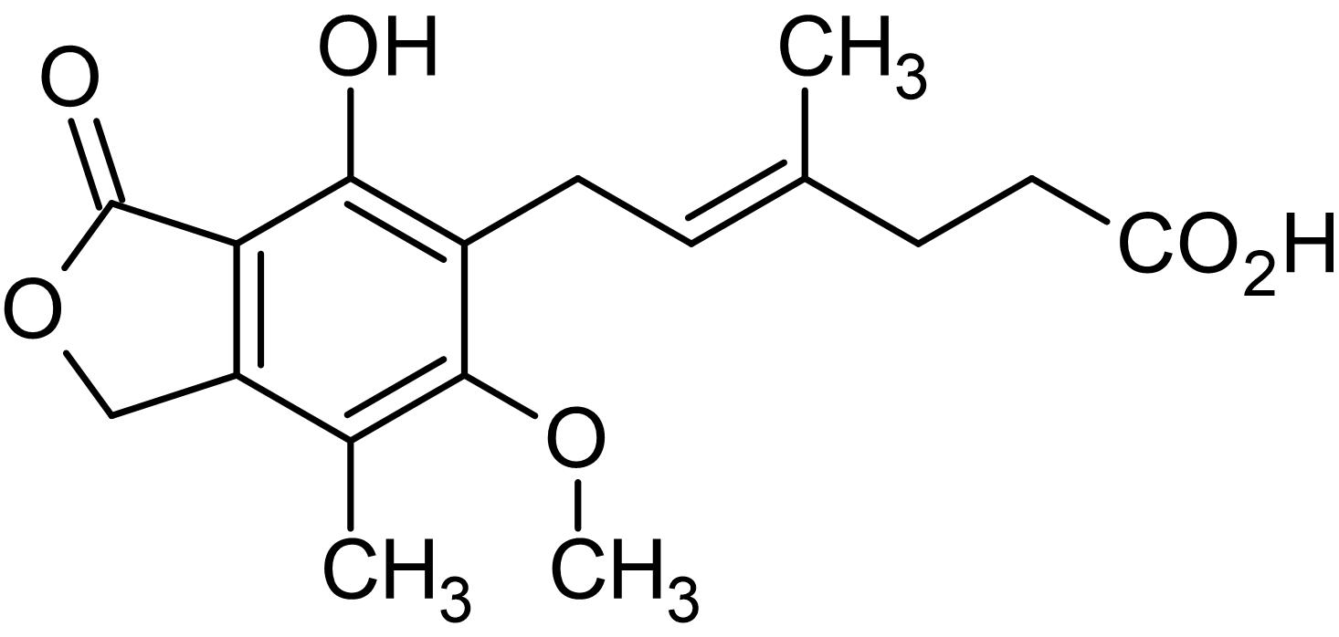 Mycophenolic acid, Inosine monophosphate dehydrogenase inhibitor.
